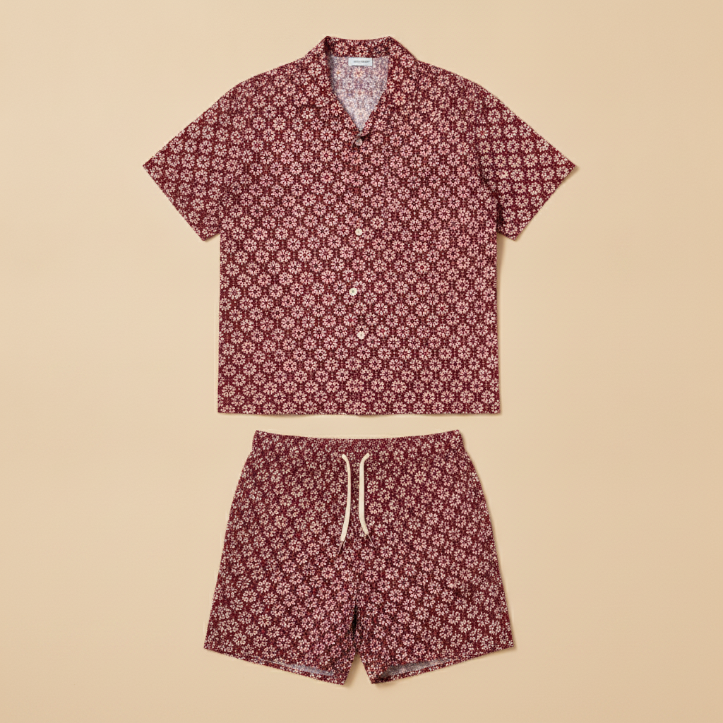 Completo Coordinato Uomo Camicia a Fiori e Pantaloncini - Fiori Bordeaux