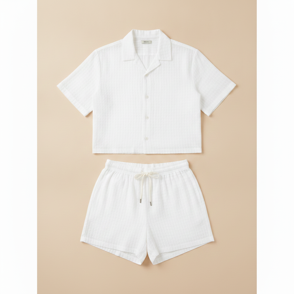 Completo Coordinato Uomo Camicia Quadretti Vichy e Pantaloncini - Blu e Bianco