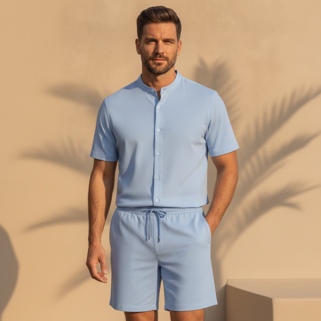 Completo Coordinato Uomo Tinta Unita – Camicia e Pantaloncini Lisci - Azzurro - indossato