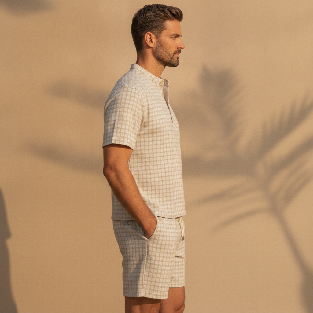 Completo Coordinato Uomo Camicia Quadri Windowpane e Pantaloncini - vista laterale