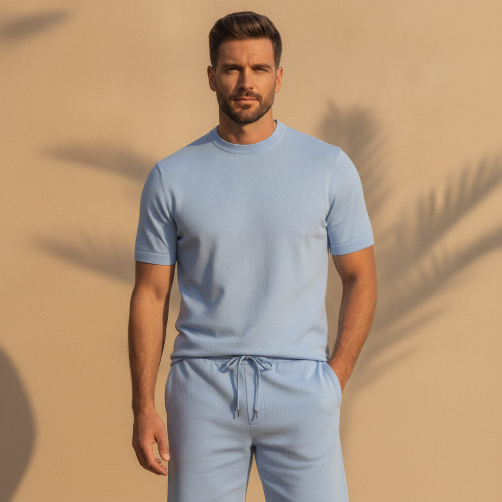 Completo Coordinato Uomo Camicia Doppio Ritorto e Pantaloncini - Azzurro Cielo - indossato