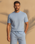Completo Coordinato Uomo Camicia Doppio Ritorto e Pantaloncini - Azzurro Cielo - indossato