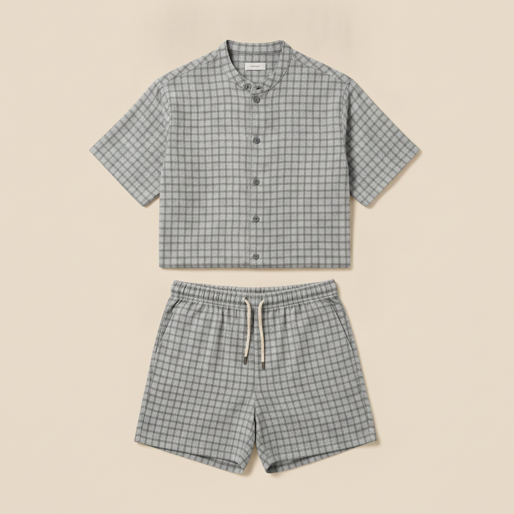 Completo Coordinato Uomo Camicia Quadri Windowpane e Pantaloncini - Grigio Quadri