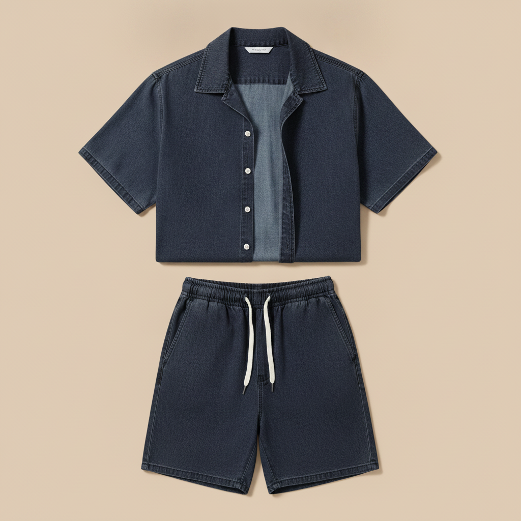 Completo Coordinato Uomo Camicia Denim Leggero e Pantaloncini - Indaco Chiaro