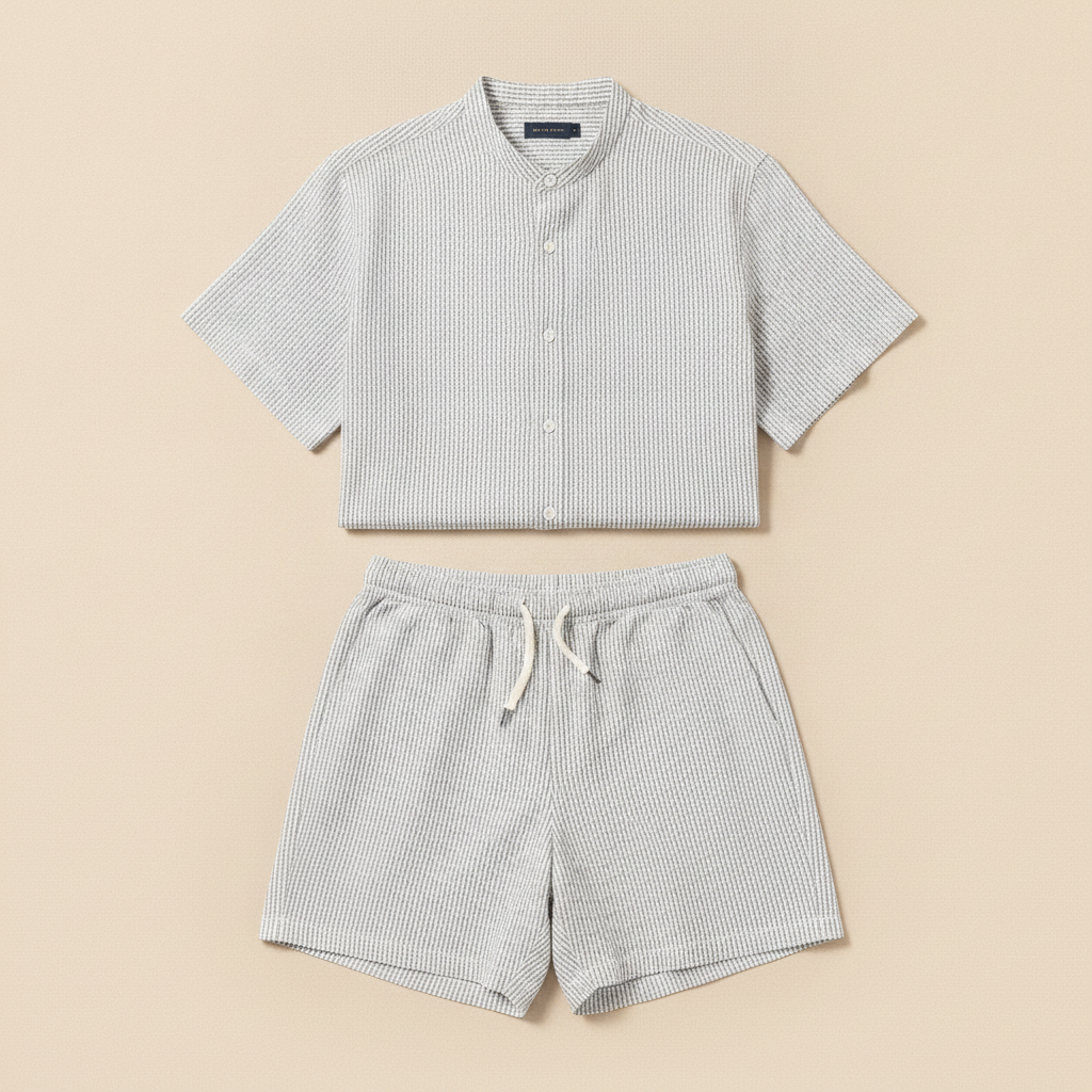 Completo Coordinato Uomo Camicia Seersucker e Pantaloncini - Grigio e Bianco