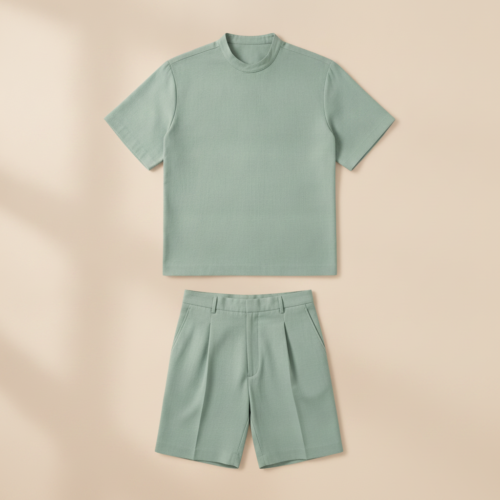Completo Coordinato Uomo Camicia e Pantaloncini con Pinces - Verde Salvia