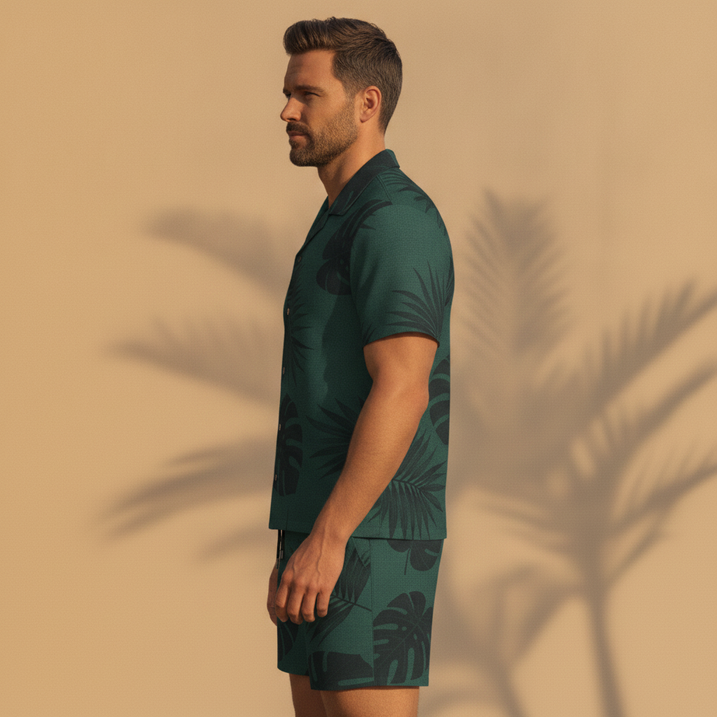 Completo Coordinato Uomo Camicia Camp Fantasia Foglie e Pantaloncini - vista laterale