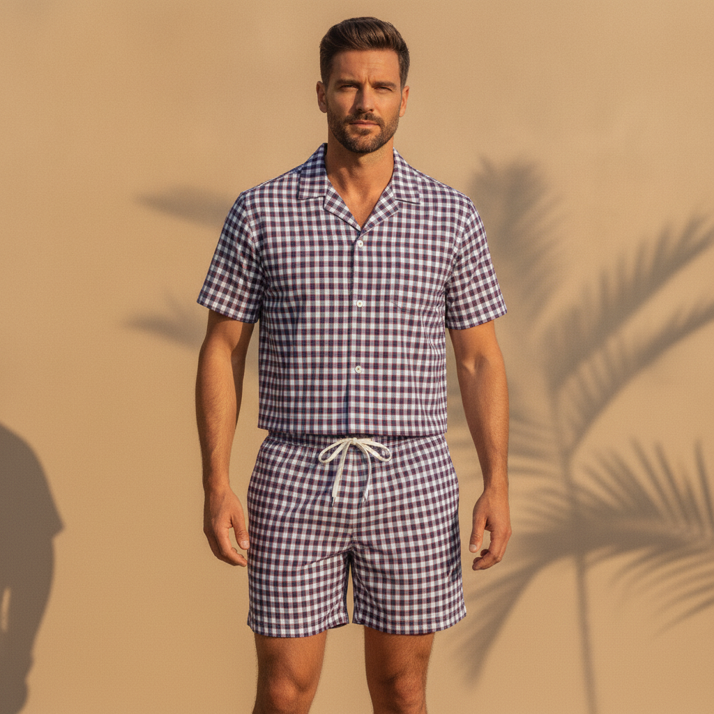 Completo Coordinato Uomo Camicia Madras e Pantaloncini - Rosso e Blu - indossato
