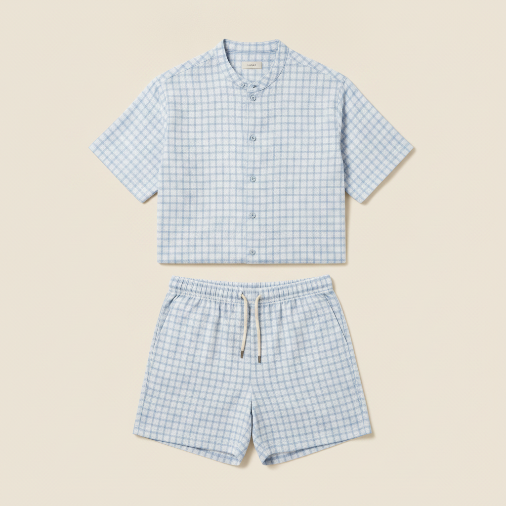 Completo Coordinato Uomo Camicia Quadri Windowpane e Pantaloncini - Azzurro Quadri