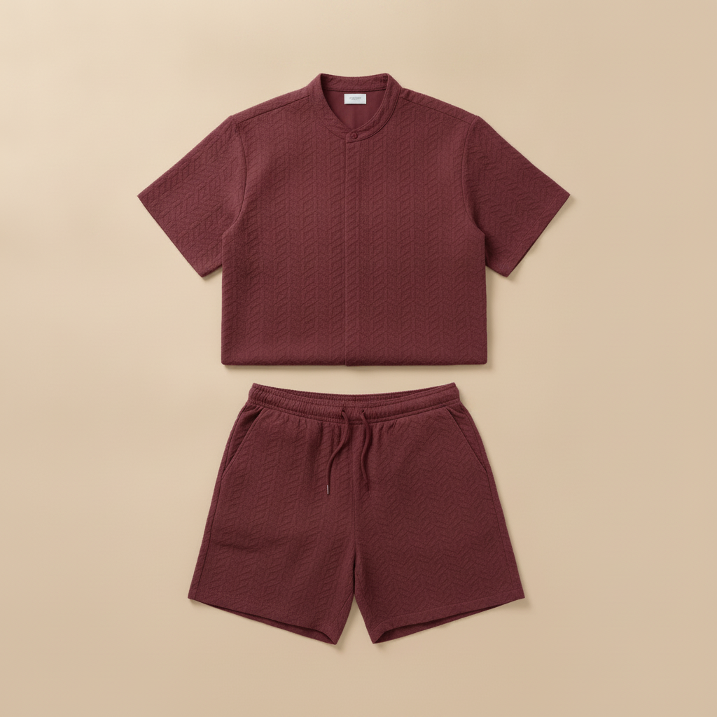Completo Coordinato Uomo Camicia Jacquard Geometrico e Pantaloncini - Bordeaux