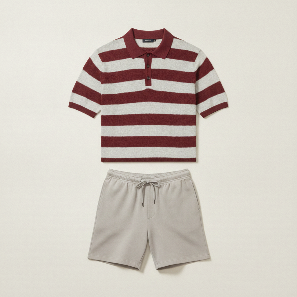 Completo Coordinato Uomo Polo Testurizzata a Righe e Bermuda - Bordeaux e Grigio