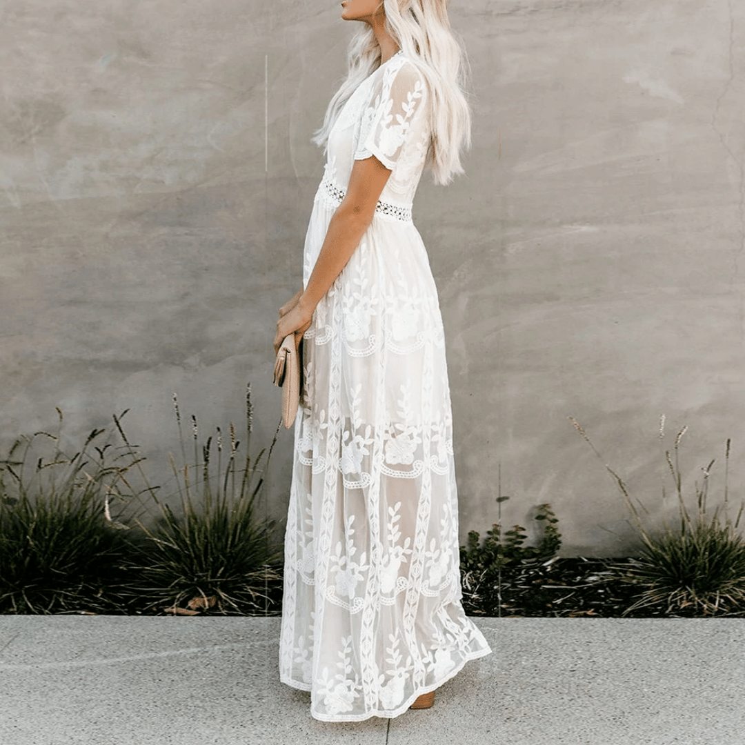 Sildora Abito Lungo Bianco in Pizzo Stile Boho Chic - Vestito da Cerimonia Donna