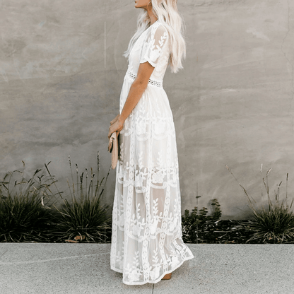 Sildora Abito Lungo Bianco in Pizzo Stile Boho Chic - Vestito da Cerimonia Donna