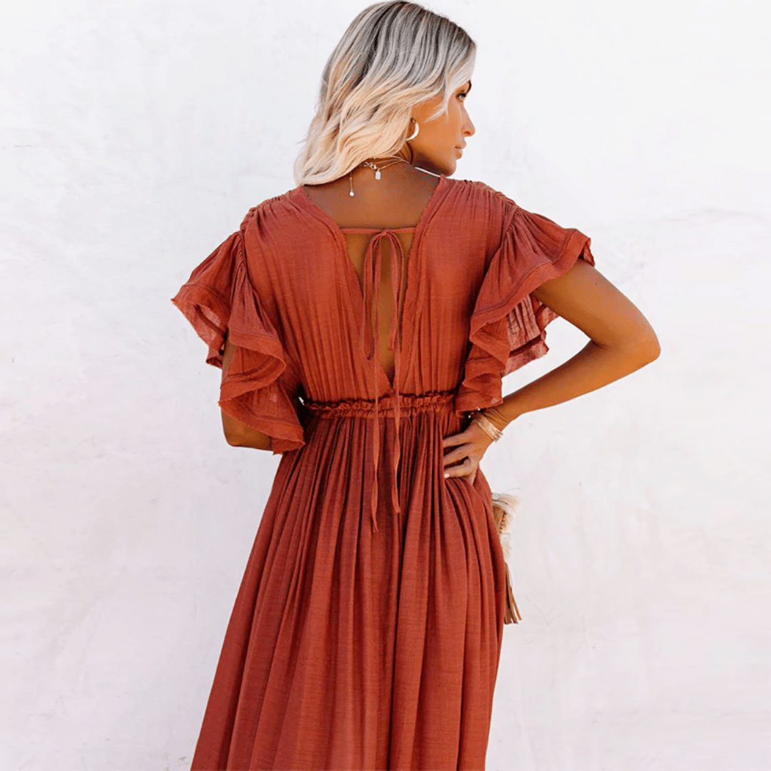Sildora Vestito Boho Chic per Matrimonio Invitata Donna - Abito Lungo Arancione