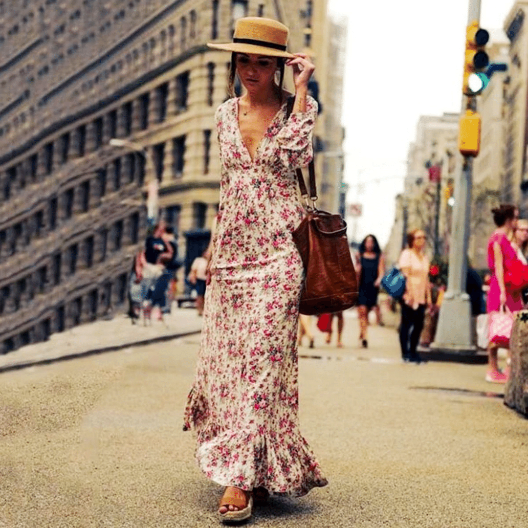 Sildora Abito Lungo Boho a Fiori Maniche Lunghe Donna - Vestito Rosa Estivo