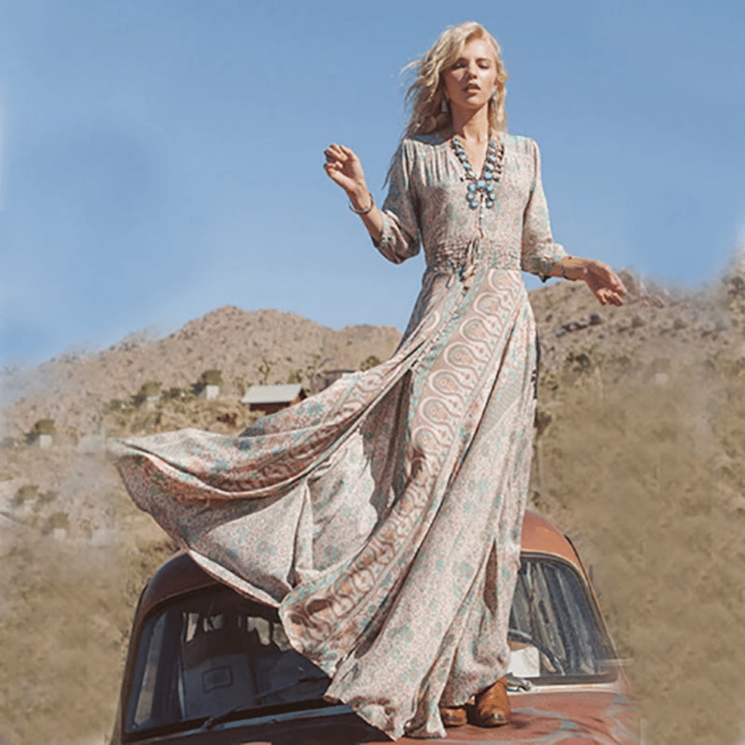 Sildora Abito Lungo Hippie Chic Marrone a Fiori Donna - Vestito Autunnale