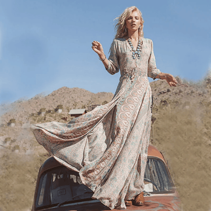 Sildora Abito Lungo Hippie Chic Marrone a Fiori Donna - Vestito Autunnale
