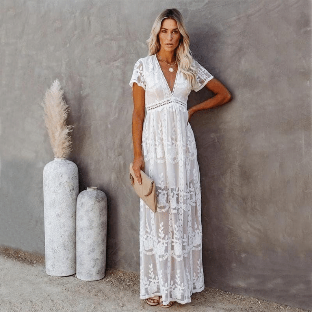 Sildora Abito Lungo Bianco in Pizzo Stile Boho Chic - Vestito da Cerimonia Donna