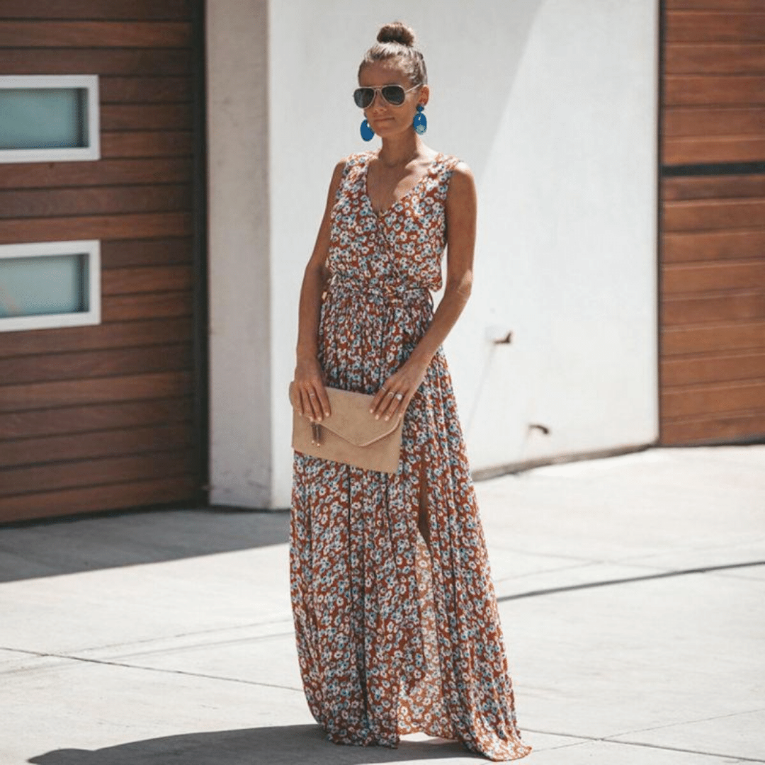 Sildora Abito Lungo Stile Boho Chic Estivo a Fiori Donna - Multicolor