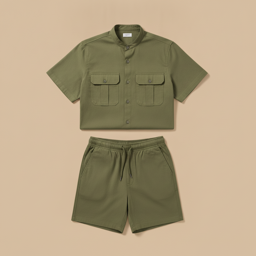 Completo Coordinato Uomo Camicia Safari Doppio Taschino e Pantaloncini - Verde Militare
