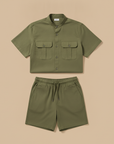 Completo Coordinato Uomo Camicia Safari Doppio Taschino e Pantaloncini - Verde Militare