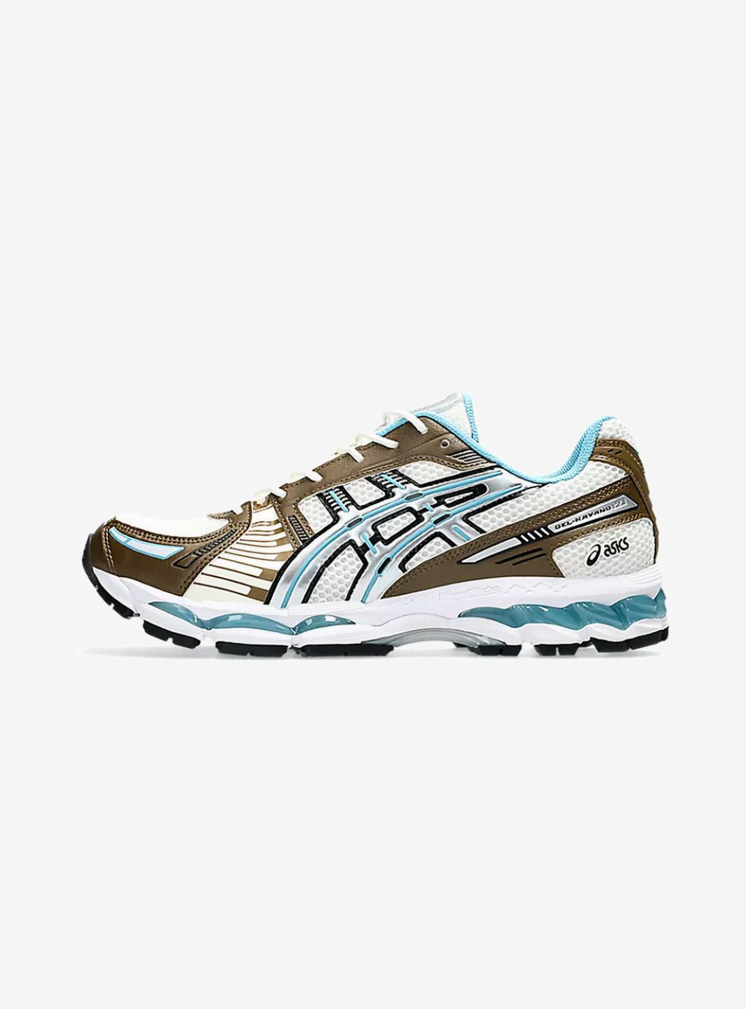 Asics Gel-Kayano 12.1 Brown Blue sneakers basse uomo e donna in mesh, pelle sintetica e pelle marrone blu, vista laterale