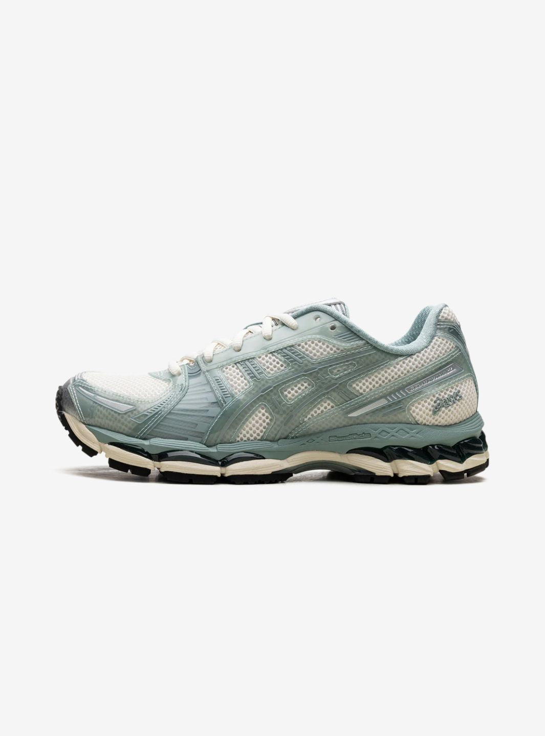 Asics Gel-Kayano 12.1 Kith Cream Sage sneakers basse uomo e donna in mesh, pelle sintetica e pelle crema verde salvia, vista 