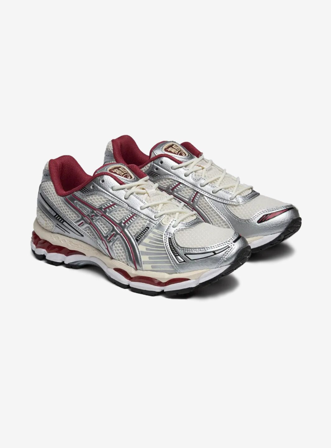 Asics Gel-Kayano 12.1 Silver Burgundy sneakers basse uomo e donna in mesh, pelle sintetica e pelle argento bordeaux, vista fr