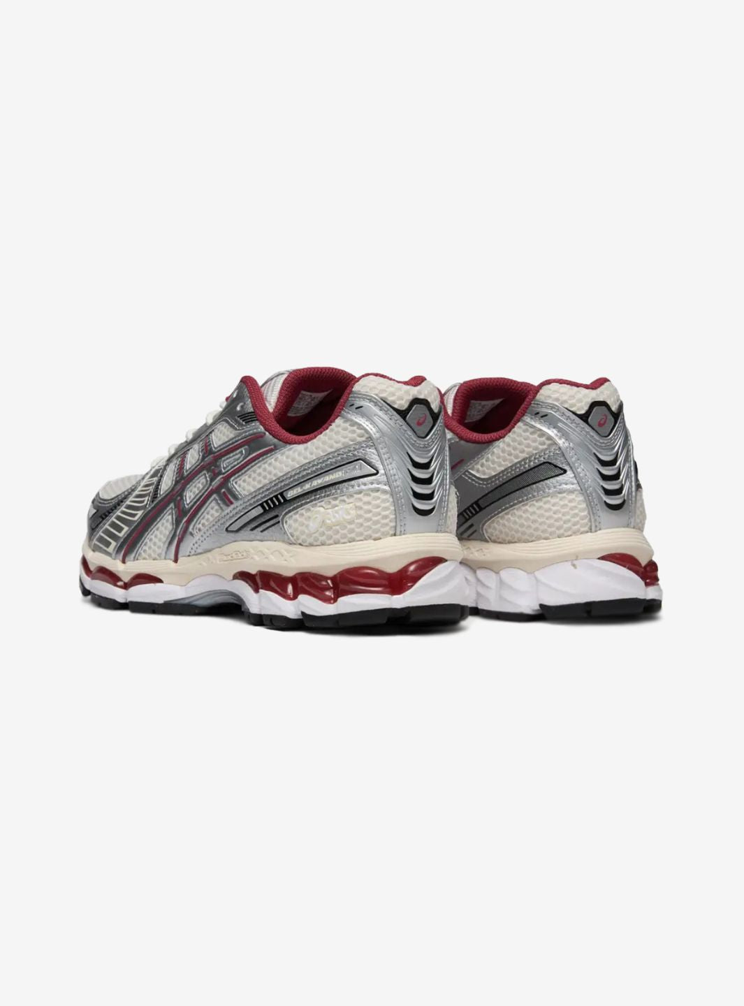 Asics Gel-Kayano 12.1 Silver Burgundy sneakers basse uomo e donna in mesh, pelle sintetica e pelle argento bordeaux, dettagli