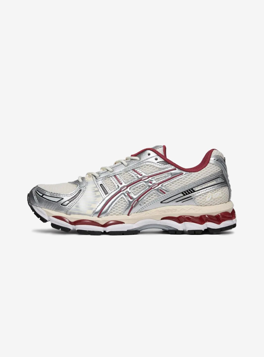 Asics Gel-Kayano 12.1 Silver Burgundy sneakers basse uomo e donna in mesh, pelle sintetica e pelle argento bordeaux, vista la