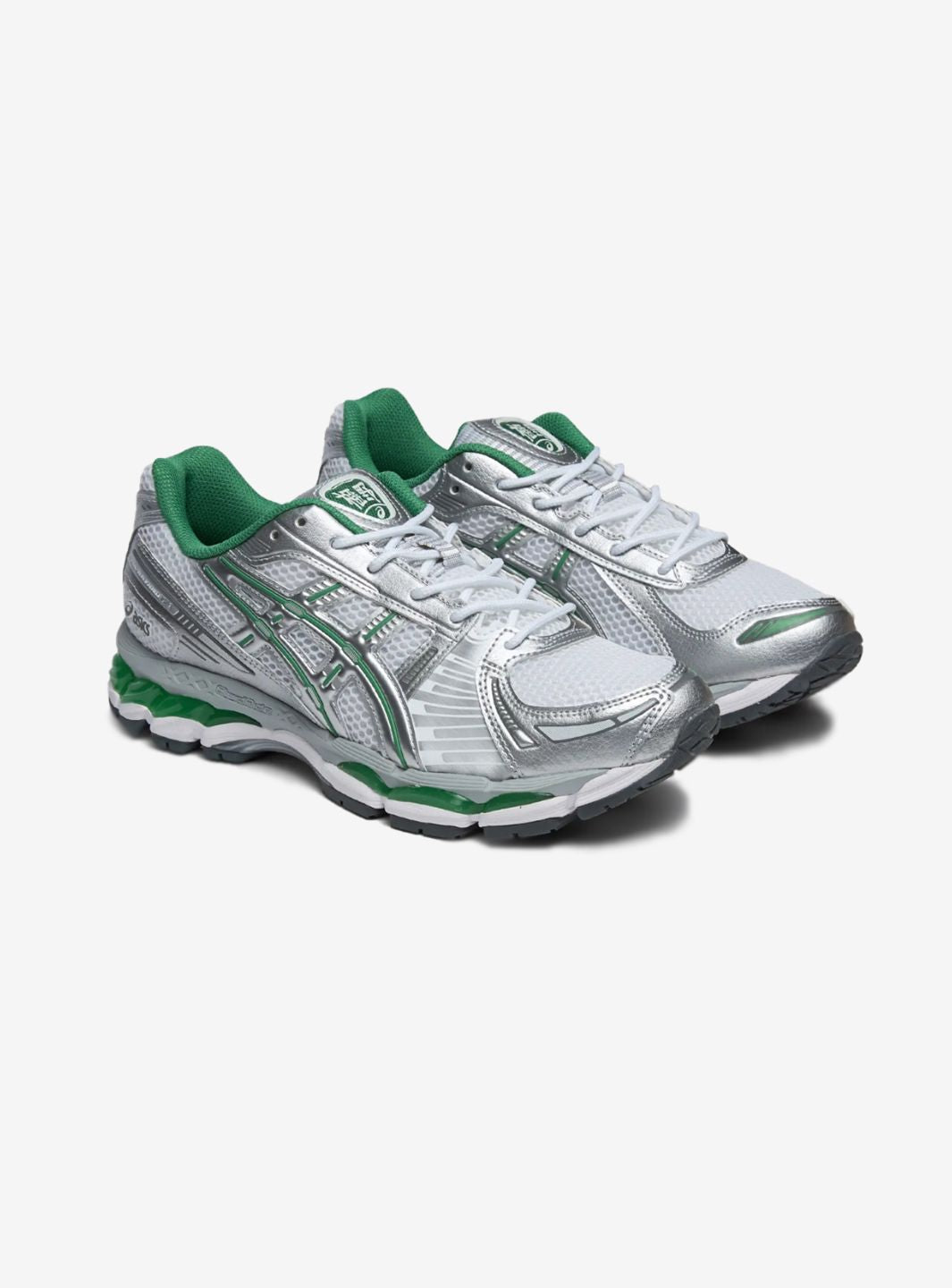 Asics Gel-Kayano 12.1 Silver Green sneakers basse uomo e donna in mesh, pelle sintetica e pelle argento verde, vista frontale