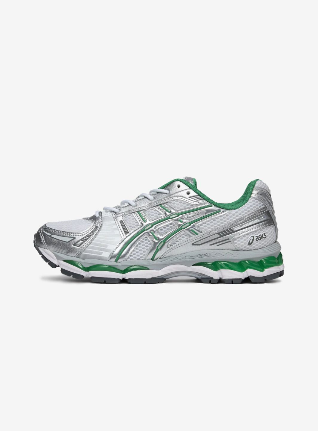 Asics Gel-Kayano 12.1 Silver Green sneakers basse uomo e donna in mesh, pelle sintetica e pelle argento verde, vista laterale