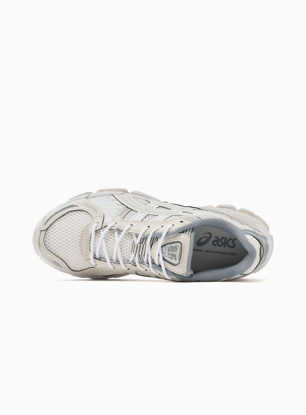 Asics Gel-Kayano 12.1 Cream Smoke Grey sneakers basse uomo e donna in mesh, pelle sintetica e pelle crema grigio, vista dall'