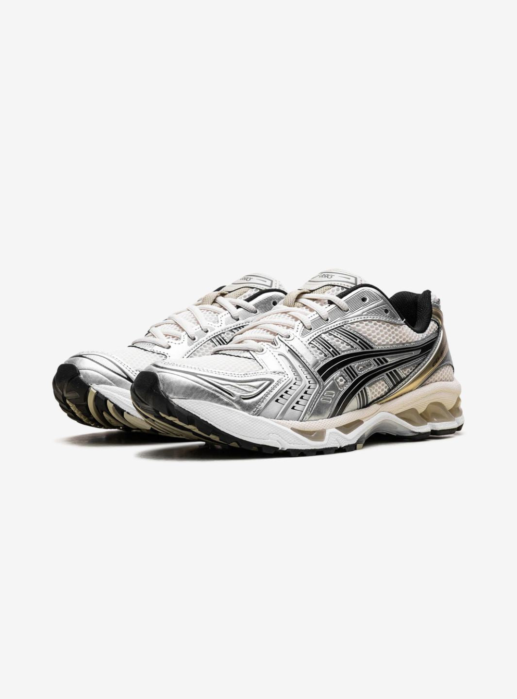 Asics Gel-Kayano 14 Birch Pure Silver sneakers basse uomo e donna in mesh e pelle sintetica beige argento, vista frontale