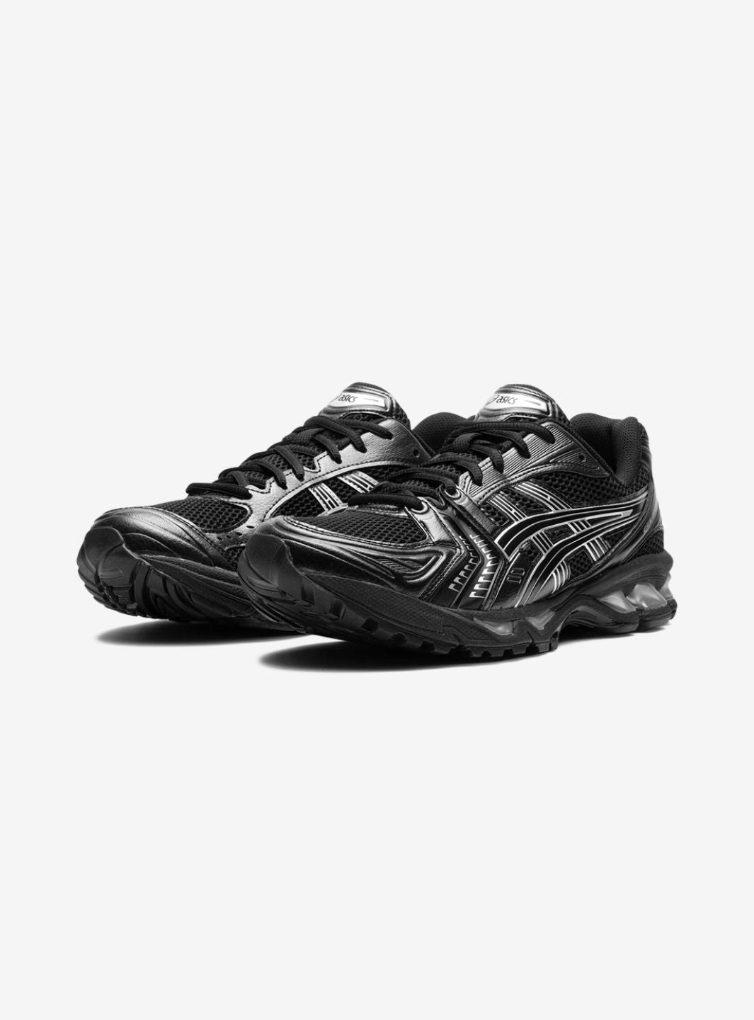 Asics Gel-Kayano 14 Black Pure Silver sneakers basse uomo e donna in mesh e pelle sintetica nero argento, vista frontale
