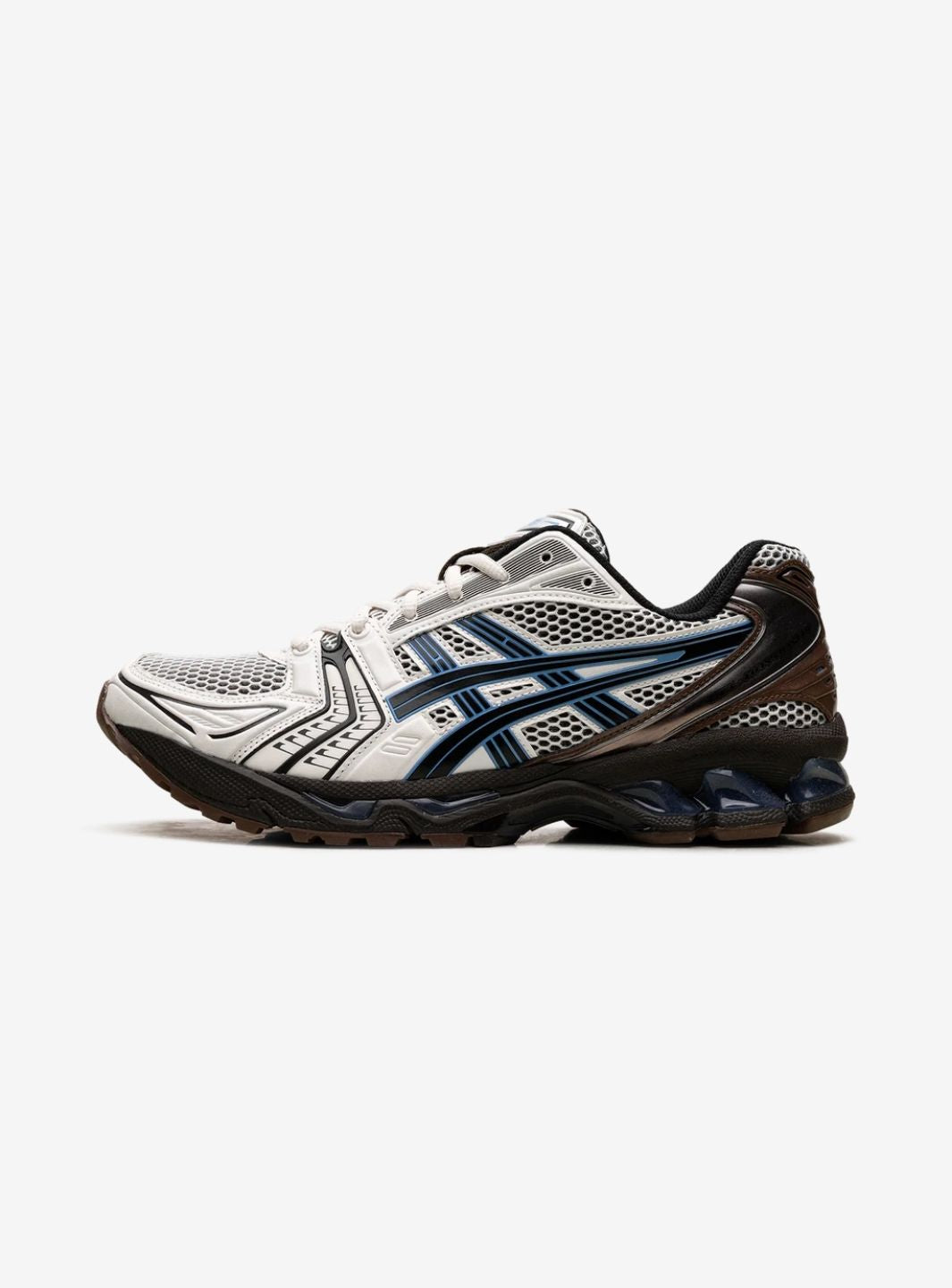 Asics Gel-Kayano 14 Cream Blue Coast sneakers basse uomo e donna in mesh e pelle sintetica crema blu, vista laterale