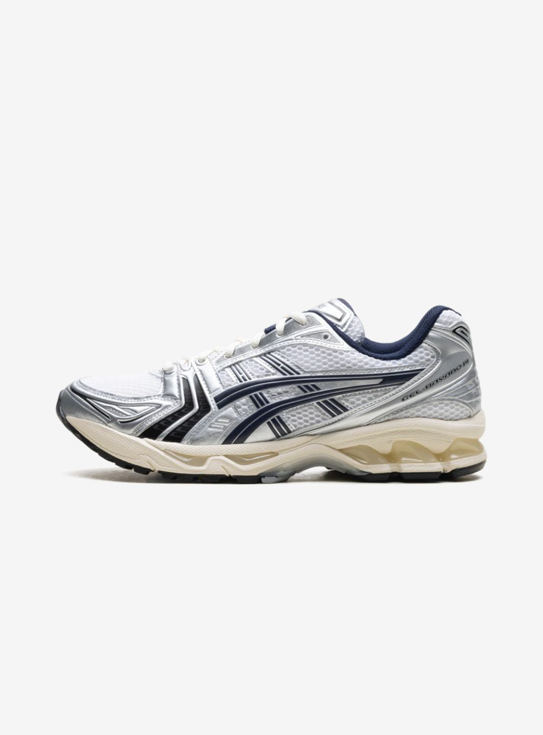 Asics Gel-Kayano 14 JJJJound White Navy sneakers basse uomo e donna in mesh e pelle sintetica bianco blu navy, vista laterale