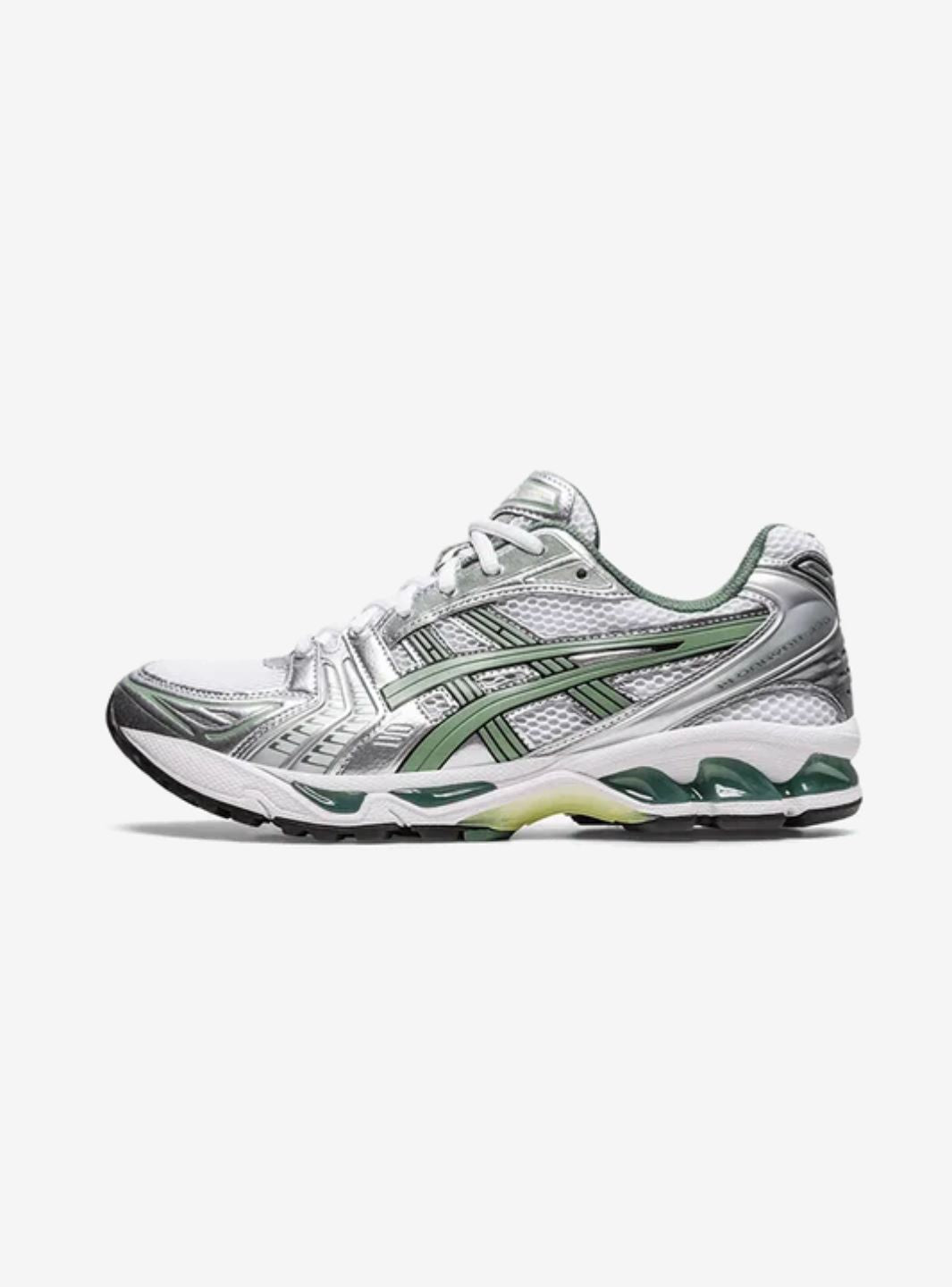 Asics Gel-Kayano 14 White Pure Silver Slate Grey Sage sneakers basse uomo e donna in mesh e pelle sintetica bianco grigio, vi