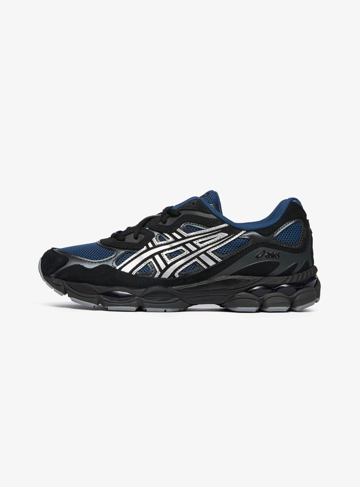 Asics Gel-NYC Independence Blue Silver sneakers basse uomo e donna in mesh e pelle scamosciata argento blu, vista laterale