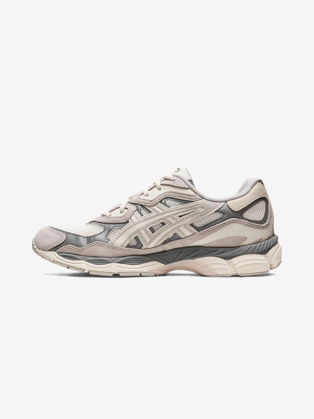 Asics Gel-NYC Oyster Grey sneakers basse uomo e donna in mesh e pelle scamosciata grigio, vista laterale