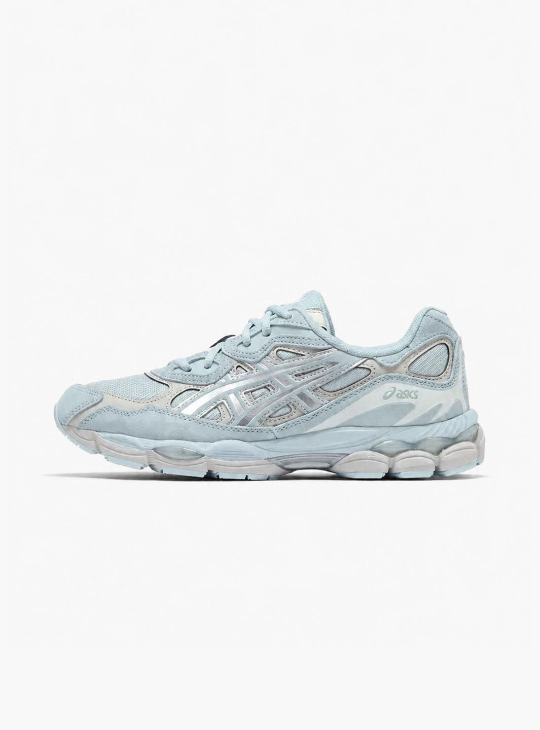 Asics Gel-NYC Storm Cloud Pure Silver sneakers basse uomo e donna in mesh e pelle scamosciata argento grigio, vista laterale
