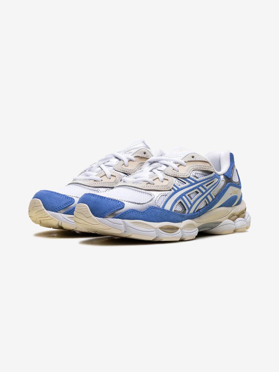 Asics Gel-NYC White Blue Coast sneakers basse uomo e donna in mesh e pelle scamosciata bianco blu, vista frontale