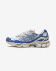 Asics Gel-NYC White Blue Coast sneakers basse uomo e donna in mesh e pelle scamosciata bianco blu, vista laterale