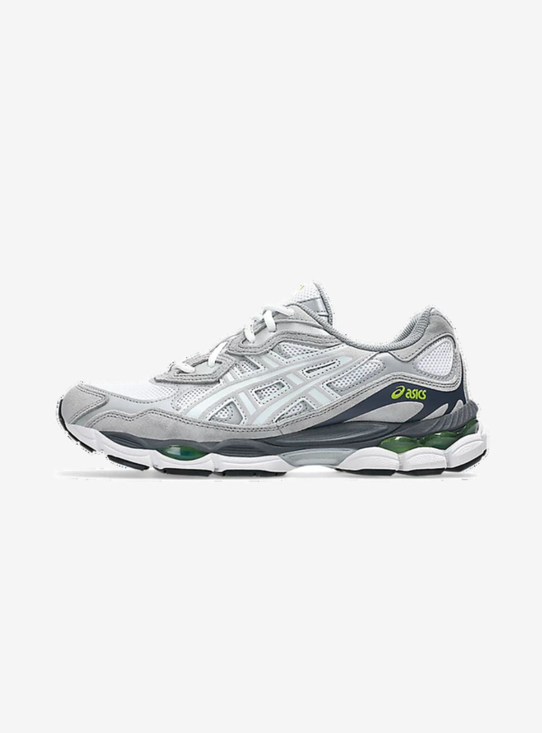 Asics Gel-NYC White Glacier Grey sneakers basse uomo e donna in mesh e pelle scamosciata bianco grigio, vista laterale
