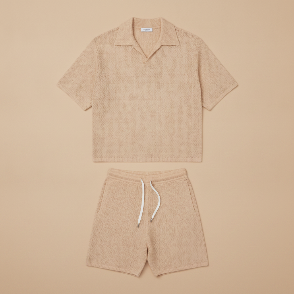Completo Coordinato Uomo in Maglia Crochet e Pantaloncini - Beige