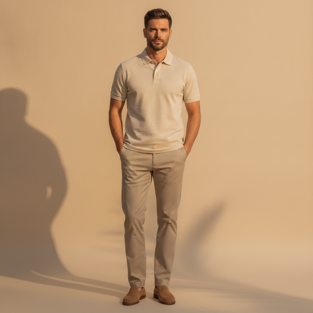 Polo Uomo in Cotone Biologico – Scelta Sostenibile e Morbida - Bianco Naturale - indossato