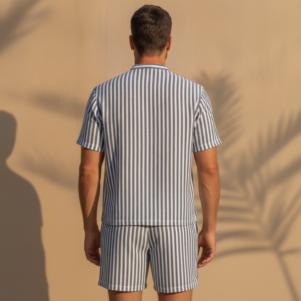 Completo Coordinato Uomo Camicia Lino a Righe e Pantaloncini - vista posteriore