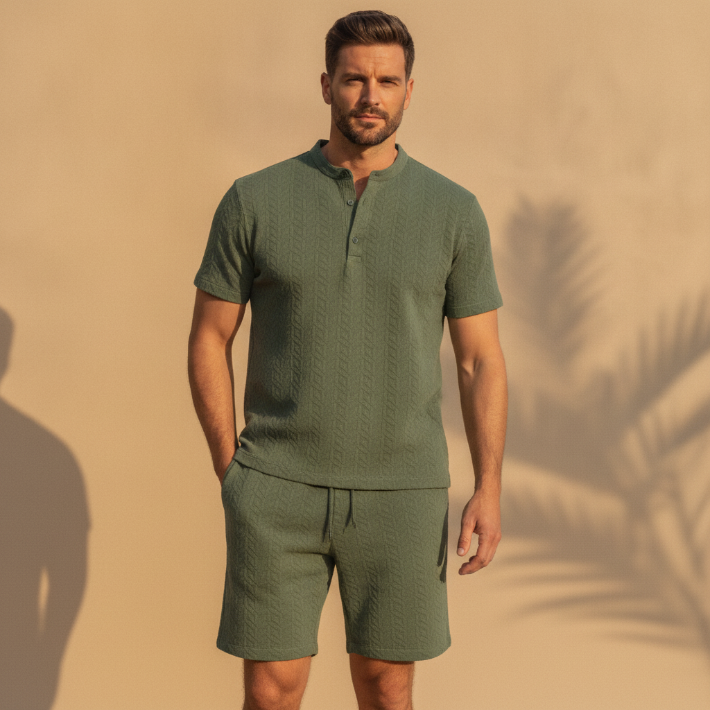 Completo Coordinato Uomo Camicia Jacquard Geometrico e Pantaloncini - Verde Salvia - indossato