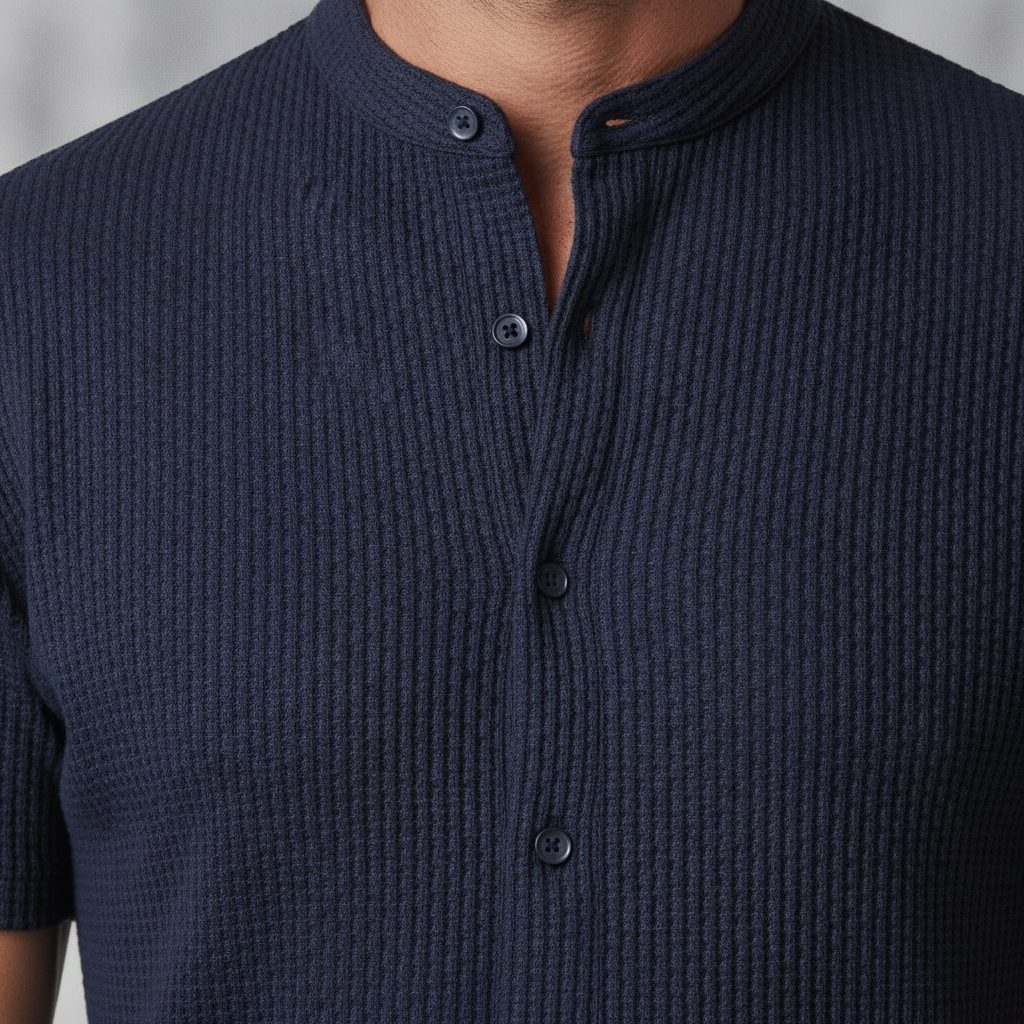 Completo Coordinato Uomo a Coste – Camicia Colletto Coreana e Pantaloncini - dettaglio