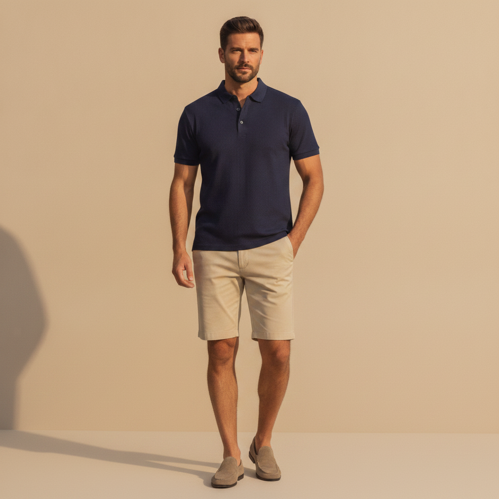 Polo uomo in cotone piqué blu navy indossata, vestibilità regular